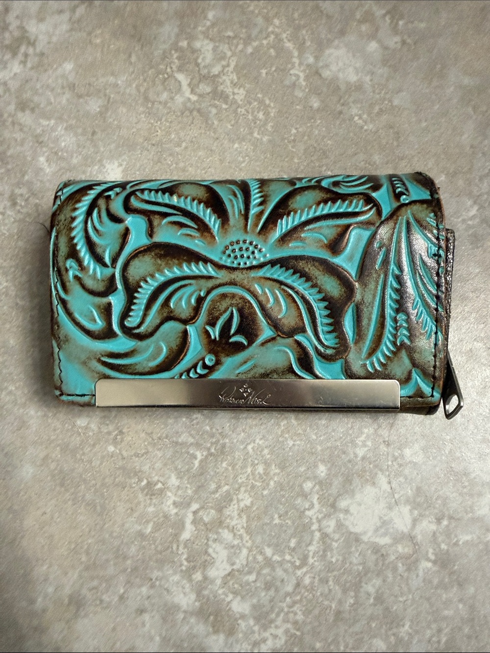 Patricia Nash Cauchy Tooled Turquoise Leather Framed Clutch Wallet RFID
